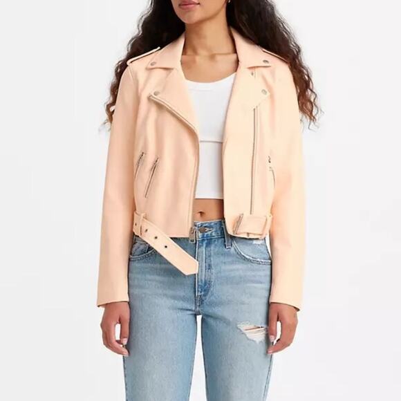 NWT Levi's Women's Faux Leather Belted Moto Jacket XS Peach Pink - Picture 1 of 6